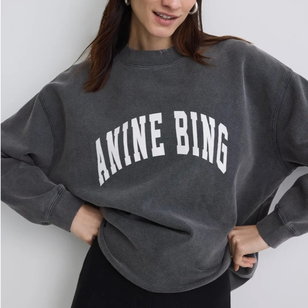 ANINE BING Tyler Sweatshirt Gray Crewneck Logo Spellout Distressed Sz XL